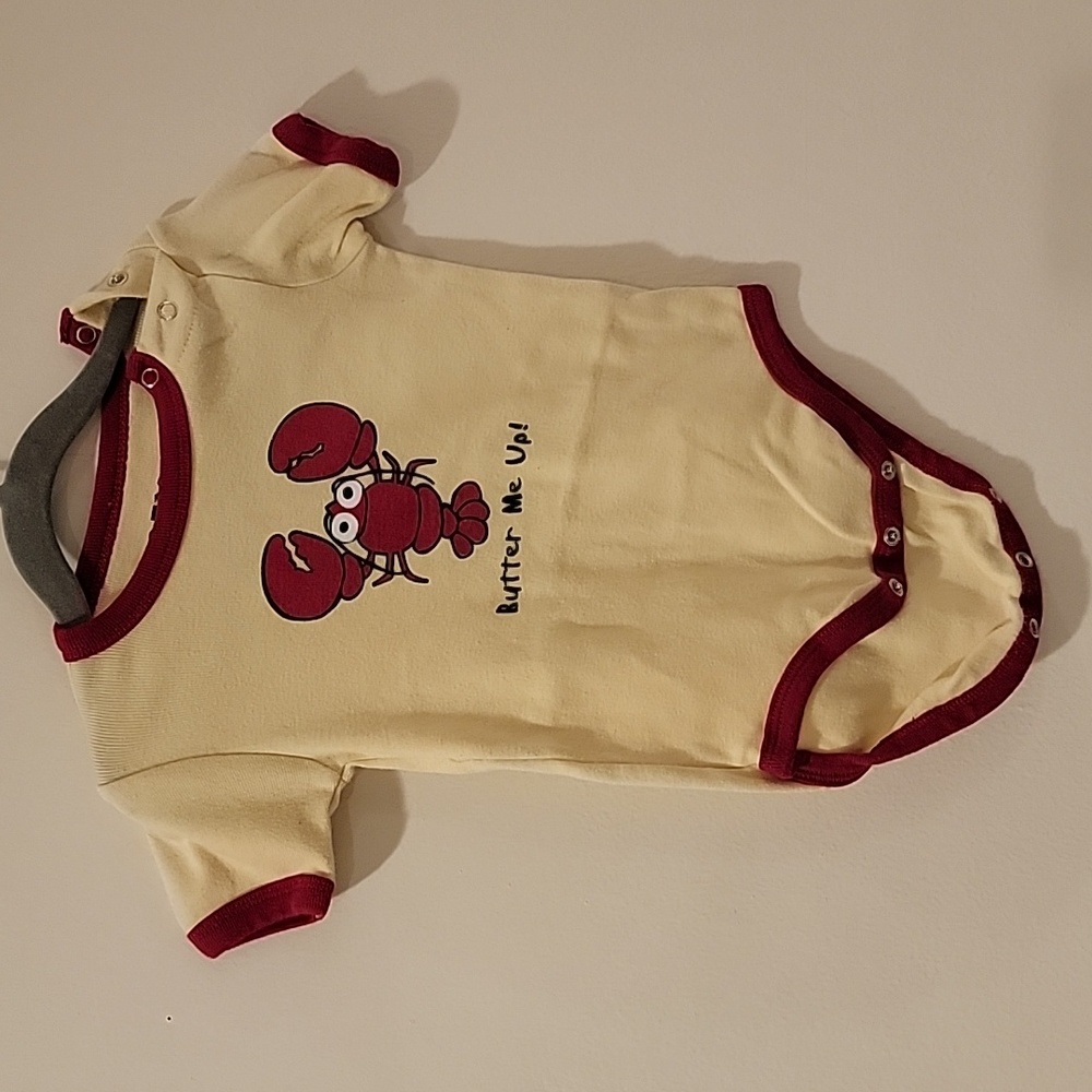 Lazy One baby lobster short sleeve "butter me up" yellow red ringer onesie 18m